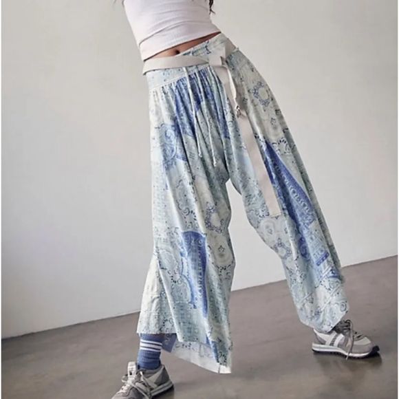 Free People Pants - Free People Seven Stars Printed Pants Paisley Wide Leg Blue White Green